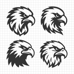 Set of Fierce Eagle Head Mascot Logos in Black and White Vector Style