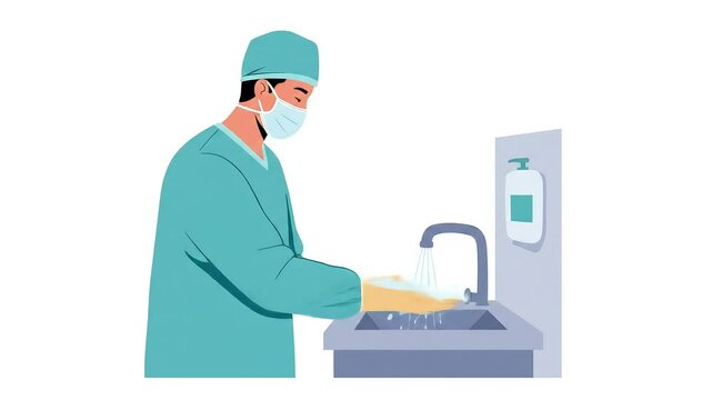 Surgeon Washing Hands in Blue Surgical Scrub in a Clinic Setting with White Background