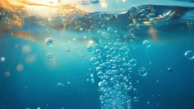 Underwater Bubbles Rising With Sunlight Shining Through Blue Water