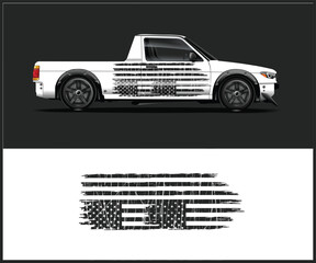 White Pickup Truck with Distressed American Flag Graphic and Black Rims