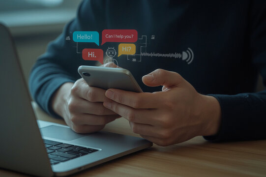 User interacting with AI chatbot on mobile device, surrounded by speech bubbles, voice waveforms, command prompt bar, representing conversational AI, virtual assistant, and smart customer support.
