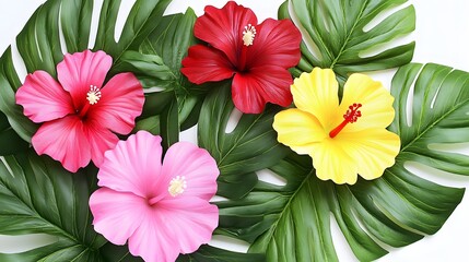 Obraz premium Vibrant Hibiscus Flowers Tropical Leaves Background