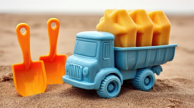 Plastic toy dump truck with sand shovels and star molds neatly packed, placed on flat beach sand