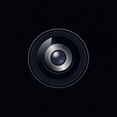 A glossy, detailed camera lens icon with metallic silver elements, centered on a dark, almost black, background.