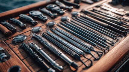 Naklejka premium Precision-styled fishing setup with each net tool spaced evenly on the deck