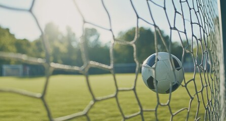 Soccer Ball in Goal Net: Close Up View of Soccer Ball in Net on Green Field
