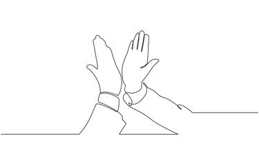Continuous One Line Drawing High Five Hands. Teamwork Success Celebration, One line drawing of two men giving high fives gesture hands. Two friends smile with their hands up and clap their palms.