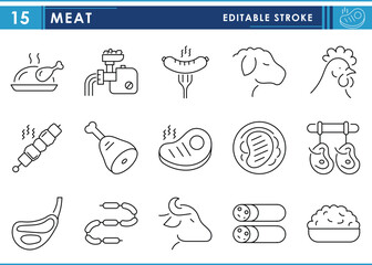 A set of line icons related to Meat. Flesh, cattle, meat, business, steak, chicken, and so on. Vector editable stroke.