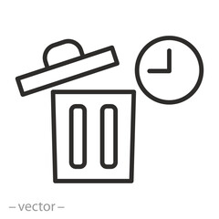 waste time, trash bin with clock icon, recycle time, hour cleaning, basket waste, recycling, cleaning hour, thin line symbol on white background - editable stroke vector eps10