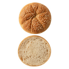 A hamburger bun cut in half isolated on transparent white background 
