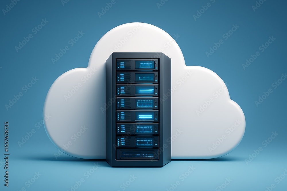 Fototapete Cloud Server and Technology: A server tower rests in front of a digital cloud symbol, representing cloud computing and data storage solutions.