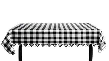 Rectangular black and white checkered tablecloth isolated on a white transparent background, simple table for dine