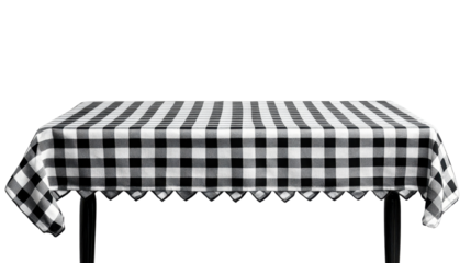 Rectangular black and white checkered tablecloth isolated on a white transparent background, simple table for dine