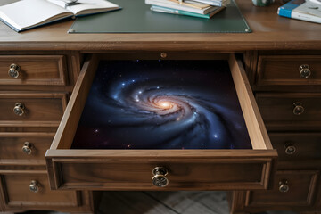 An open drawer in a wooden desk revealing an endless tunnel of stars and galaxies, defying physics, concept of hidden depth and mystery
