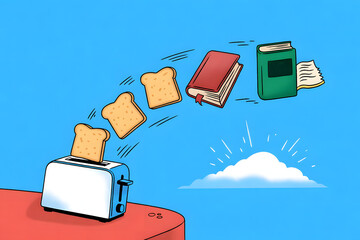 A toaster launching slices of toast that transform into flying books mid-air, leaving trails of words behind them, concept of nourishment through knowledge