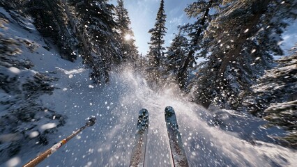 First-person perspective capturing a skier racing downhill on a snowy slope, weaving through a dense forest of pine trees, with snow spraying up under a bright winter sun