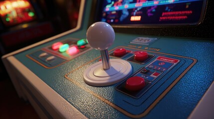 Close-up of joystick and control panel on a retro game cabinet with vibrant lighting