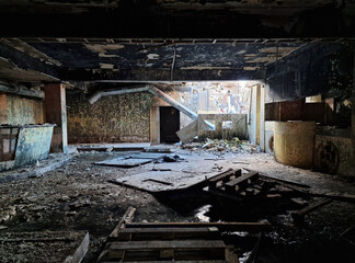 Views of an old abandoned castle with run-down interior