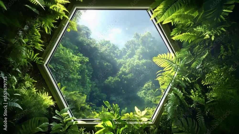 Poster Window to the Jungle: A captivating view through a hexagonal window frames a lush jungle, inviting viewers into the heart of nature.