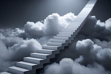 A stack of paper sheets forming a staircase that leads into a cloud, each step fading into mist, metaphor for rising ideas and intangible dreams