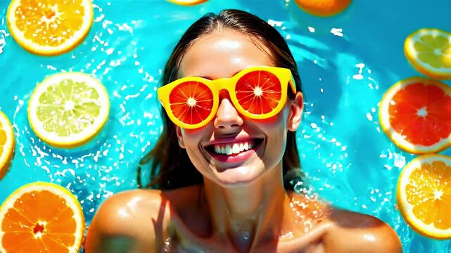 Young Woman Wearing Yellow Sunglasses Smiling Amidst Citrus Fruits Floating on Blue Water