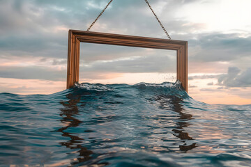 A hanging picture frame containing a real ocean that spills waves outside its borders, blending frame and reality, surreal freedom concept