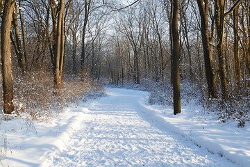 Serene Winter Woodland Path: Snow-Covered Trail Through Bare Trees