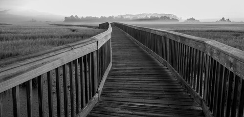 A black and white photo of a boardwalk over a salt marsh with mist hanging over the marsh grass and trees in the distance