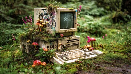 Moss, mushrooms, and wildflowers are growing on a vintage computer abandoned in a forest, showcasing the power of nature reclaiming technology