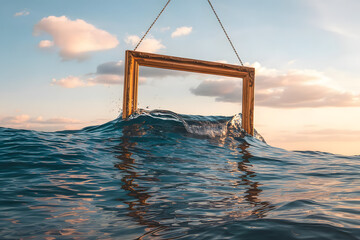A hanging picture frame containing a real ocean that spills waves outside its borders, blending frame and reality, surreal freedom concept
