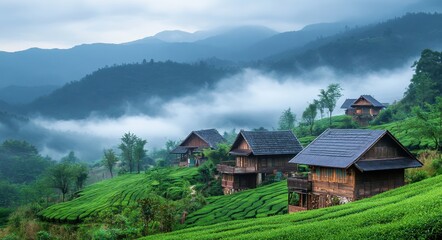 Obraz premium Serene Thai Village: Morning Fog Over Ban Rak Thai's Tea Fields in Mae Hong Son
