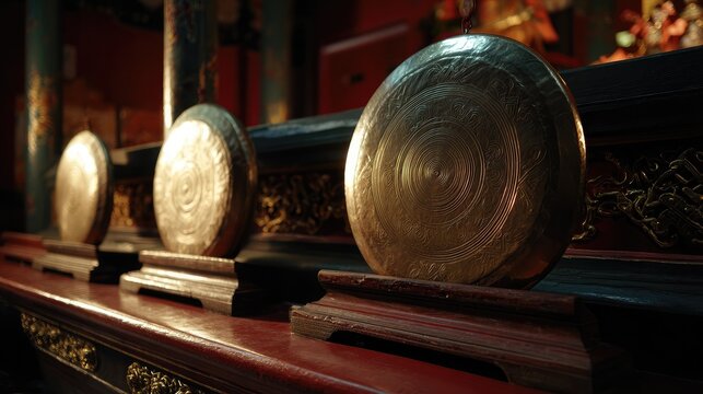 Soft lighting highlights the bronze gongs of a khong wong lek on a lacquered wood frame