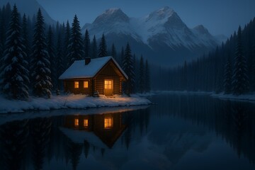 Fototapeta premium Secluded Cabin by a Tranquil Lake in the Snowy Mountains at Dusk