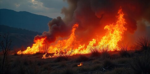 Dramatic Wildfire Intense Flames Engulfing Dry Brushwood, Rapidly Spreading Fire, Destructive Beauty of Nature, Powerful Image