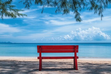 Vibrant Red Bench Overlooking the Tranquil Beach and Blue Sea Under a Clear Sky