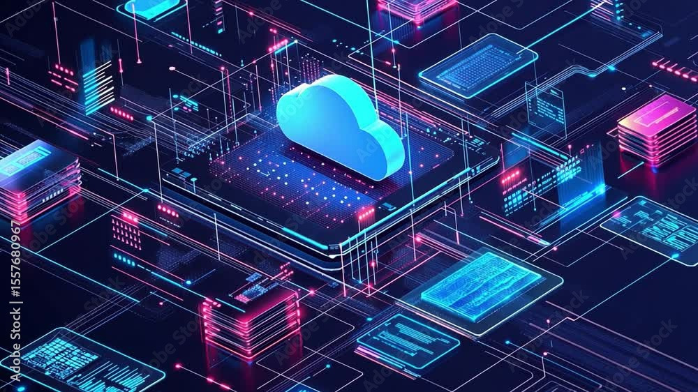 Aufkleber Digital Cloudscape: A visually captivating depiction of a digital cloud, a symbol of modern data storage, seamlessly integrated into an intricate network of interconnected circuits.