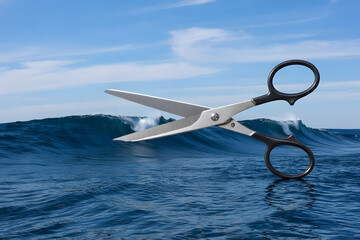 A pair of scissors cutting a straight line across the ocean, with waves perfectly split and frozen along the cut, surreal control of nature