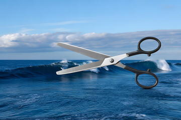 A pair of scissors cutting a straight line across the ocean, with waves perfectly split and frozen along the cut, surreal control of nature