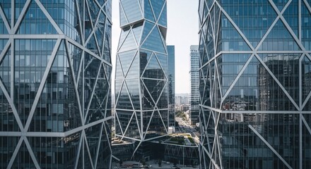 Close-up view of geometric skyscrapers in modern cityscape

