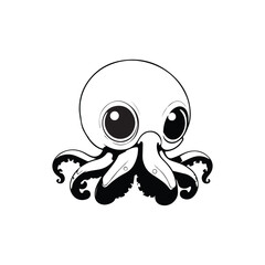 Cute Baby Octopus with Big Eyes - Black and White Chibi Sea Animal Line Art