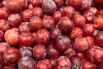 Ripe red plums in a store, selective focus. Fresh summer harvest
