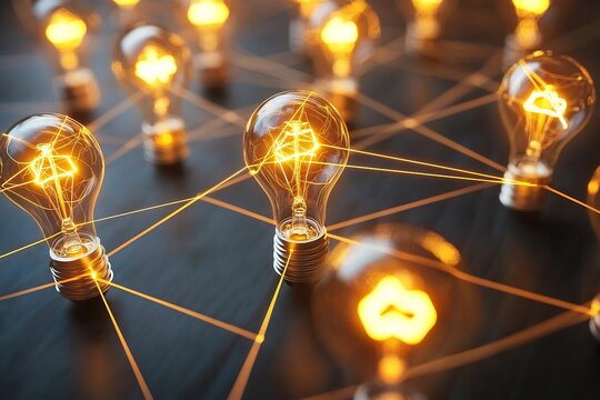 Networked Ideas Glowing Lightbulbs Symbolize Innovation Collaboration and Global Connectivity in a Modern Business World