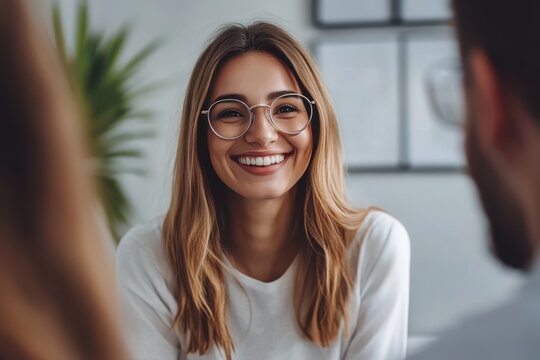 Joyful Female Counselor Engaging in Positive Psychotherapy at Clinic with Smiling Client