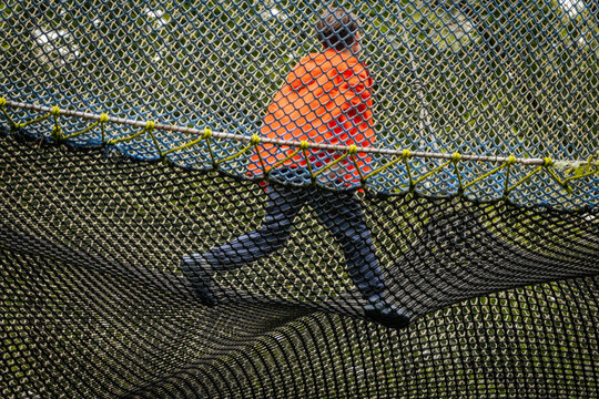 A young boy in a red jacket stands behind a blue rope safety net on an outdoor rope course, holding the net with both hands and looking through the openings. - Powered by Adobe