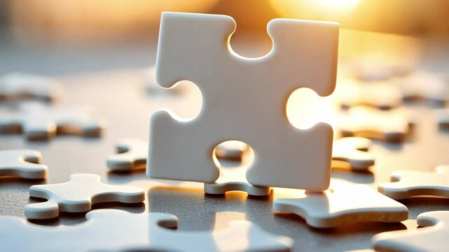 Puzzle Piece Solution: A solitary puzzle piece stands out amidst a scattered array of its counterparts, illuminated by the warm glow of sunlight, symbolizing a singular piece, the journey to solve