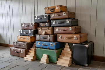 A stack of old suitcases forming the shape of a mountain, with tiny stairways and doors carved into their sides, symbol of journey and memory