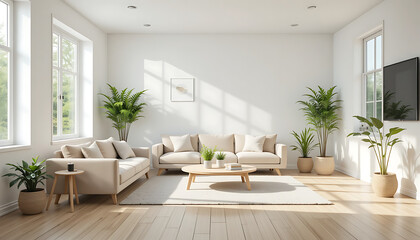Fototapeta premium Bright and Airy Living Room Design with Natural Light and Greenery