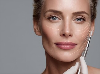 Beauty injections. Lifting lines on a woman's face showing of skin tightening and face contour correction.Beauty procedure.Woman receiving hyaluronic acid injection,generative ai