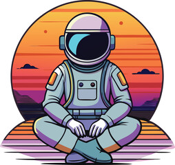 Obraz premium Vector art of a vector illustration shows a tranquil astronaut meditating on a platform overlooking a sunset ocean scene
