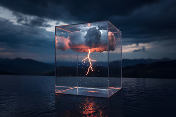 A transparent cube floating in the air, containing a miniature thunderstorm inside, with rain gently falling onto nothingness beneath it